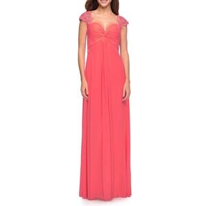 La Femme Beaded Open Back Coral Pink Grapefruit Jersey Formal Gown Size 6